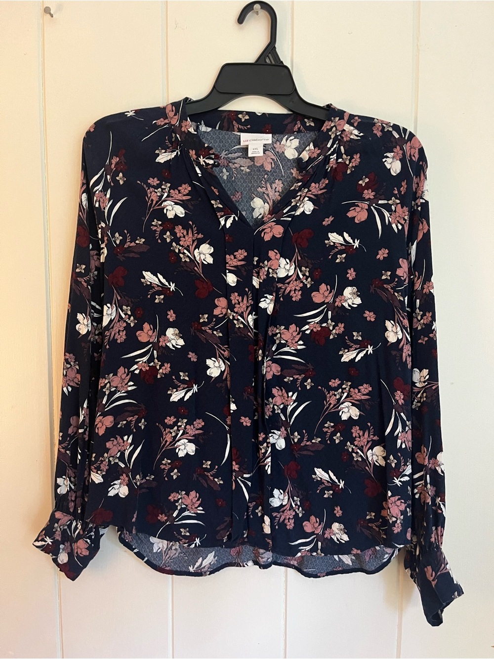 Liz Claiborne Navy Floral Bishop Sleeve Blouse, Size XXL